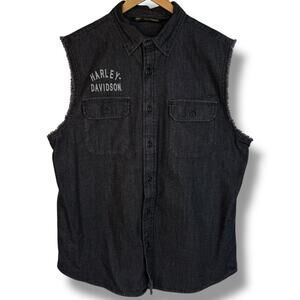 Harley Davidson HD Mens Black Denim Cutoff Sleeveless Shirt Top Logo Size Large